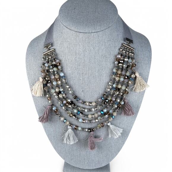 Multi Strand Crystal Bead Necklace with Tassels Gray Taupe Statement Jewlery - Picture 1 of 6